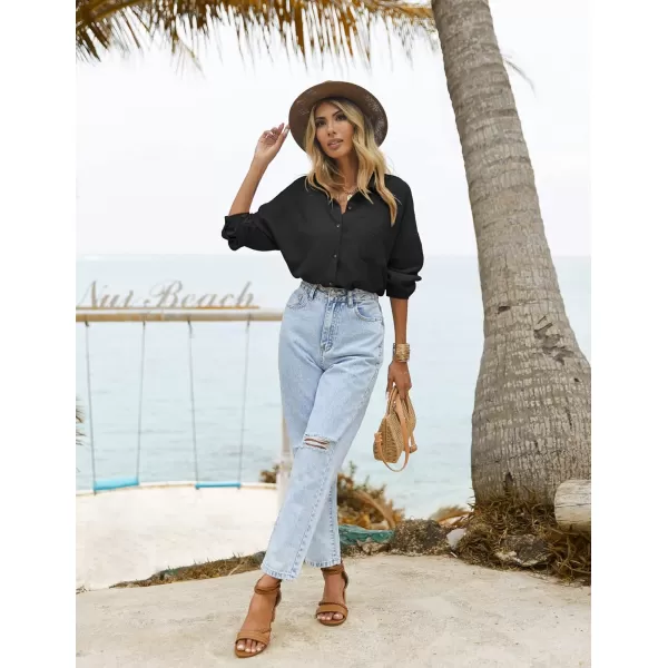 Ekouaer 2 Piece Outfits for Women Fall Lounge Set Long Sleeve Button Down Shirt and Casual Shorts with Pockets TracksuitBlack