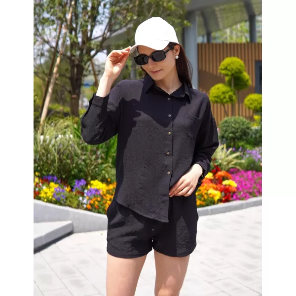 Ekouaer 2 Piece Outfits for Women Fall Lounge Set Long Sleeve Button Down Shirt and Casual Shorts with Pockets TracksuitBlack