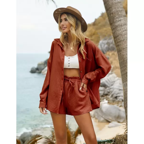 Ekouaer 2 Piece Outfits for Women Fall Lounge Set Long Sleeve Button Down Shirt and Casual Shorts with Pockets TracksuitCaramel