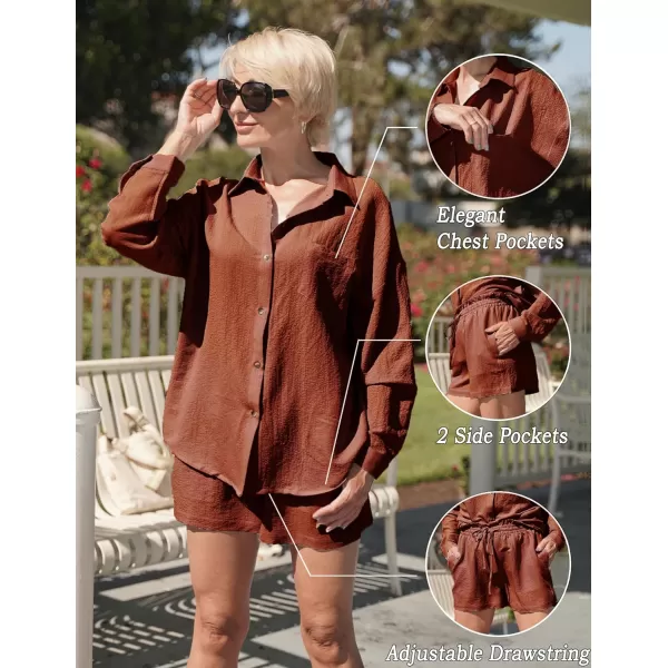 Ekouaer 2 Piece Outfits for Women Fall Lounge Set Long Sleeve Button Down Shirt and Casual Shorts with Pockets TracksuitCaramel