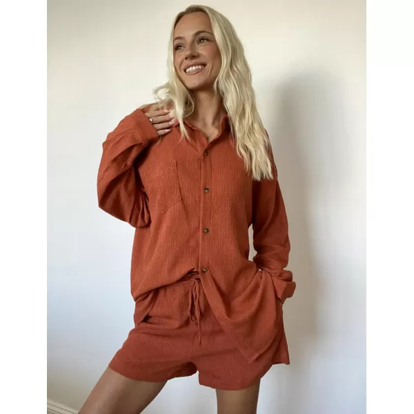 Ekouaer 2 Piece Outfits for Women Fall Lounge Set Long Sleeve Button Down Shirt and Casual Shorts with Pockets TracksuitCaramel