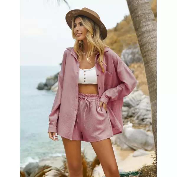 Ekouaer 2 Piece Outfits for Women Fall Lounge Set Long Sleeve Button Down Shirt and Casual Shorts with Pockets TracksuitDusty Pink