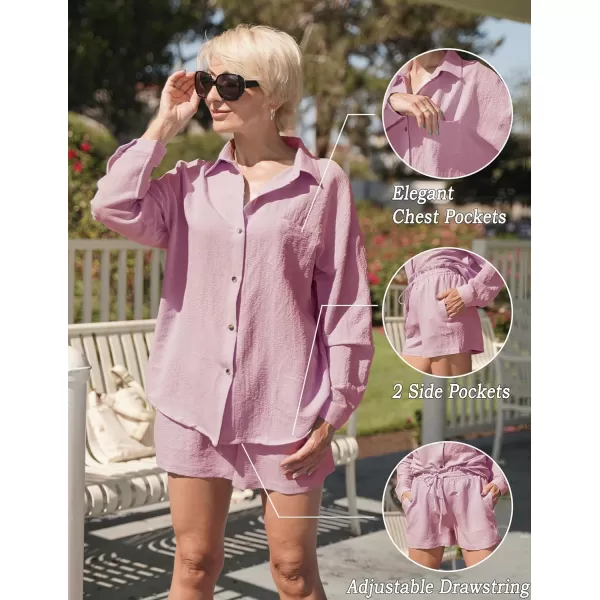 Ekouaer 2 Piece Outfits for Women Fall Lounge Set Long Sleeve Button Down Shirt and Casual Shorts with Pockets TracksuitDusty Pink