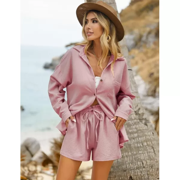 Ekouaer 2 Piece Outfits for Women Fall Lounge Set Long Sleeve Button Down Shirt and Casual Shorts with Pockets TracksuitDusty Pink