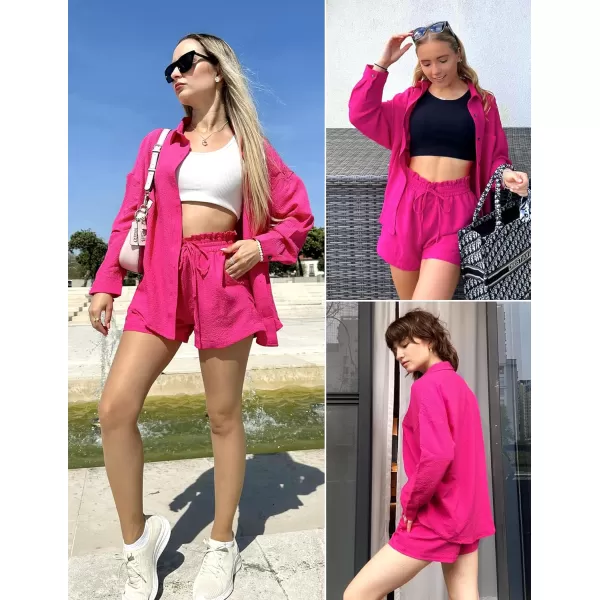 Ekouaer 2 Piece Outfits for Women Fall Lounge Set Long Sleeve Button Down Shirt and Casual Shorts with Pockets TracksuitHot Pink