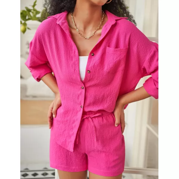 Ekouaer 2 Piece Outfits for Women Fall Lounge Set Long Sleeve Button Down Shirt and Casual Shorts with Pockets TracksuitHot Pink