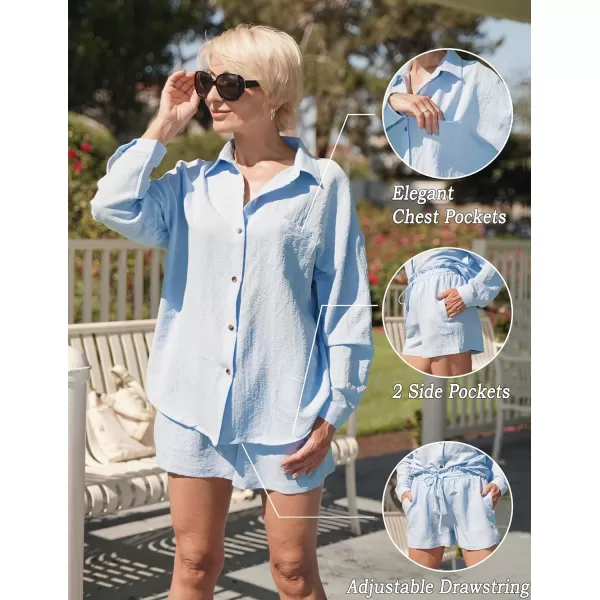 Ekouaer 2 Piece Outfits for Women Fall Lounge Set Long Sleeve Button Down Shirt and Casual Shorts with Pockets TracksuitLight Blue