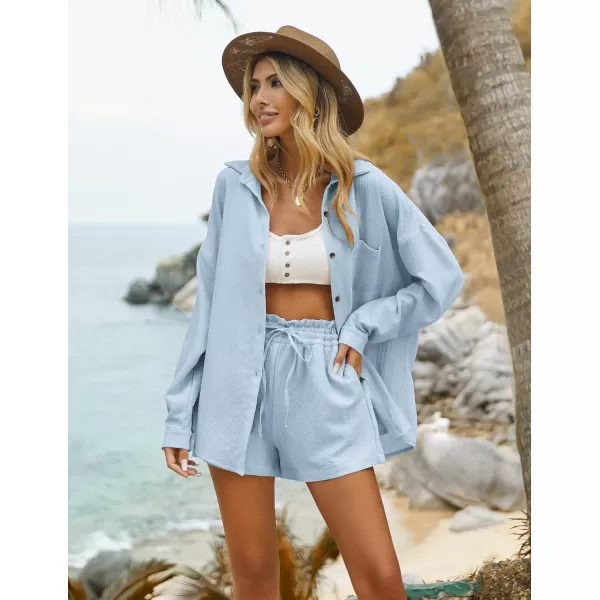 Ekouaer 2 Piece Outfits for Women Fall Lounge Set Long Sleeve Button Down Shirt and Casual Shorts with Pockets TracksuitLight Blue