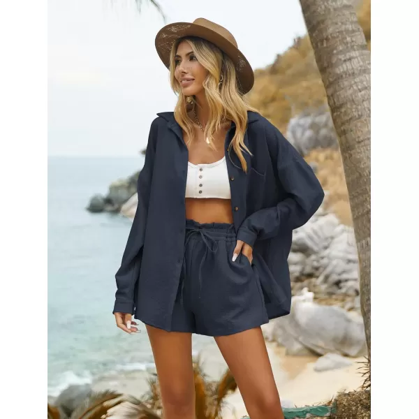 Ekouaer 2 Piece Outfits for Women Fall Lounge Set Long Sleeve Button Down Shirt and Casual Shorts with Pockets TracksuitNavy Blue