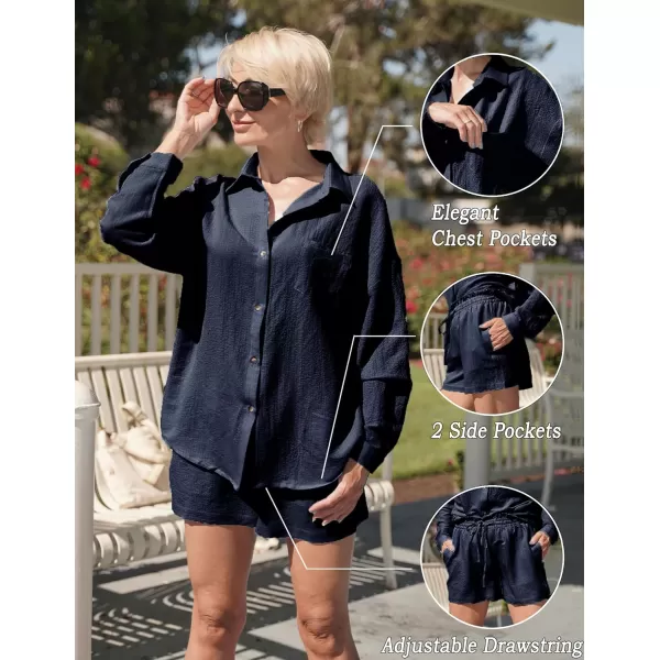 Ekouaer 2 Piece Outfits for Women Fall Lounge Set Long Sleeve Button Down Shirt and Casual Shorts with Pockets TracksuitNavy Blue