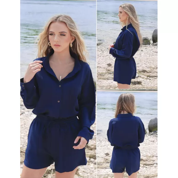 Ekouaer 2 Piece Outfits for Women Fall Lounge Set Long Sleeve Button Down Shirt and Casual Shorts with Pockets TracksuitNavy Blue