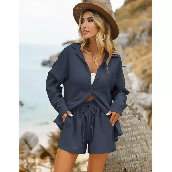 Ekouaer 2 Piece Outfits for Women Fall Lounge Set Long Sleeve Button Down Shirt and Casual Shorts with Pockets TracksuitNavy Blue