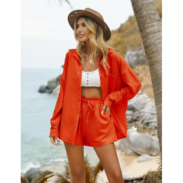 Ekouaer 2 Piece Outfits for Women Fall Lounge Set Long Sleeve Button Down Shirt and Casual Shorts with Pockets TracksuitOrange