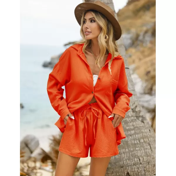 Ekouaer 2 Piece Outfits for Women Fall Lounge Set Long Sleeve Button Down Shirt and Casual Shorts with Pockets TracksuitOrange