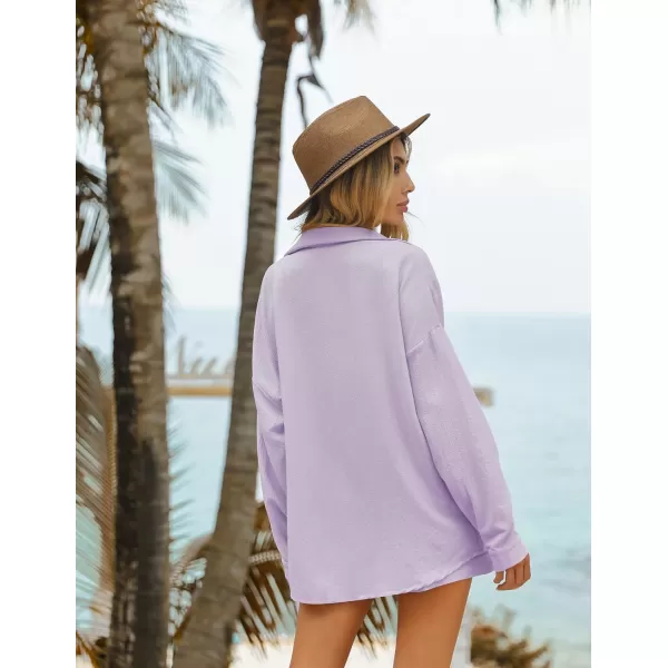 Ekouaer 2 Piece Outfits for Women Fall Lounge Set Long Sleeve Button Down Shirt and Casual Shorts with Pockets TracksuitPurple