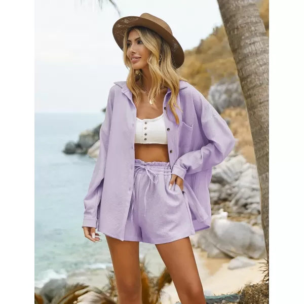 Ekouaer 2 Piece Outfits for Women Fall Lounge Set Long Sleeve Button Down Shirt and Casual Shorts with Pockets TracksuitPurple