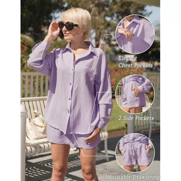 Ekouaer 2 Piece Outfits for Women Fall Lounge Set Long Sleeve Button Down Shirt and Casual Shorts with Pockets TracksuitPurple