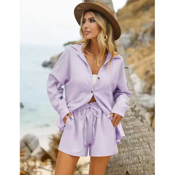 Ekouaer 2 Piece Outfits for Women Fall Lounge Set Long Sleeve Button Down Shirt and Casual Shorts with Pockets TracksuitPurple