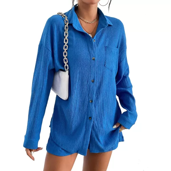 Ekouaer 2 Piece Outfits for Women Fall Lounge Set Long Sleeve Button Down Shirt and Casual Shorts with Pockets TracksuitSnorkel Blue