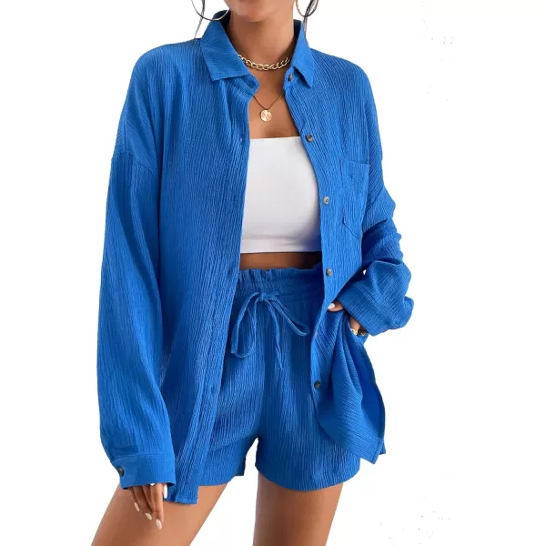 Ekouaer 2 Piece Outfits for Women Fall Lounge Set Long Sleeve Button Down Shirt and Casual Shorts with Pockets TracksuitSnorkel Blue