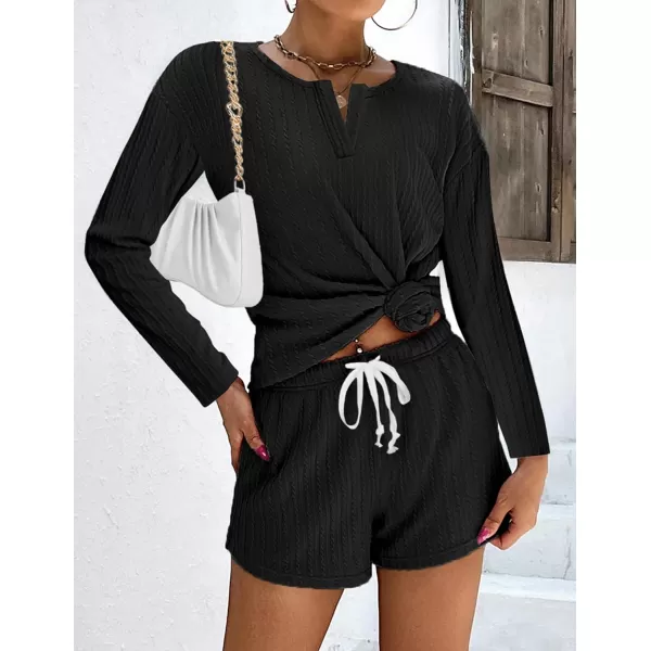 Ekouaer 2 Piece Pajamas Sets Women Ribbed Knit Cozy Long Sleeve Sleepwear Shorts Lounge Set with PocketsZlong Sleeveblack