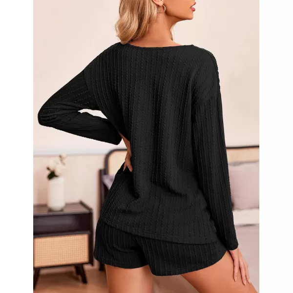 Ekouaer 2 Piece Pajamas Sets Women Ribbed Knit Cozy Long Sleeve Sleepwear Shorts Lounge Set with PocketsZlong Sleeveblack