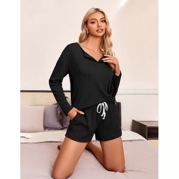 Ekouaer 2 Piece Pajamas Sets Women Ribbed Knit Cozy Long Sleeve Sleepwear Shorts Lounge Set with PocketsZlong Sleeveblack