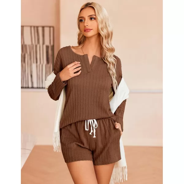 Ekouaer 2 Piece Pajamas Sets Women Ribbed Knit Cozy Long Sleeve Sleepwear Shorts Lounge Set with PocketsZlong Sleevebrown