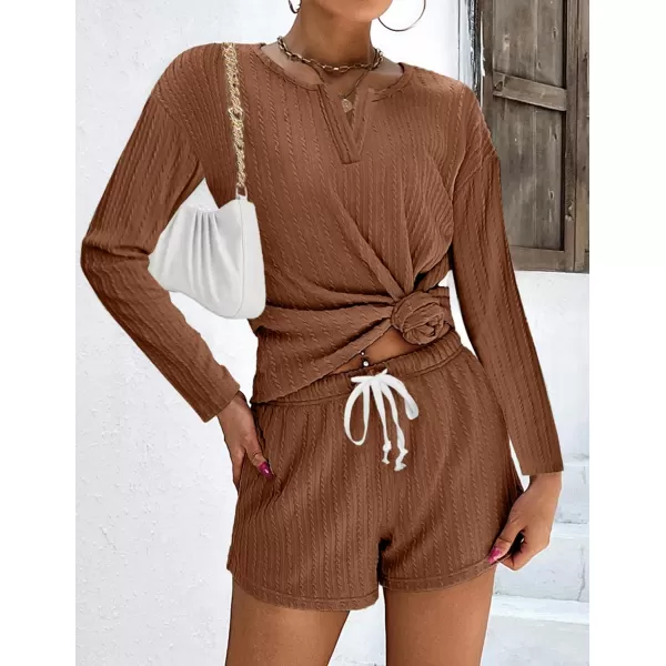 Ekouaer 2 Piece Pajamas Sets Women Ribbed Knit Cozy Long Sleeve Sleepwear Shorts Lounge Set with PocketsZlong Sleevebrown