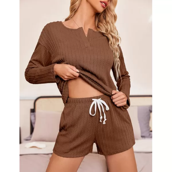 Ekouaer 2 Piece Pajamas Sets Women Ribbed Knit Cozy Long Sleeve Sleepwear Shorts Lounge Set with PocketsZlong Sleevebrown