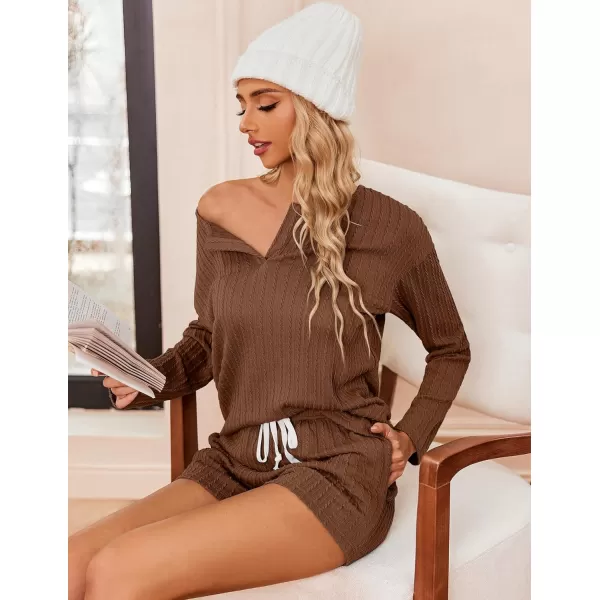 Ekouaer 2 Piece Pajamas Sets Women Ribbed Knit Cozy Long Sleeve Sleepwear Shorts Lounge Set with PocketsZlong Sleevebrown