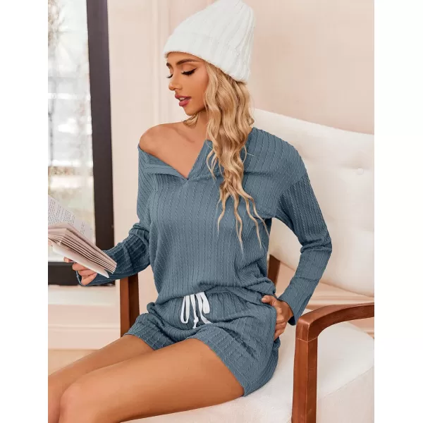 Ekouaer 2 Piece Pajamas Sets Women Ribbed Knit Cozy Long Sleeve Sleepwear Shorts Lounge Set with PocketsZlong Sleevedeep Blue