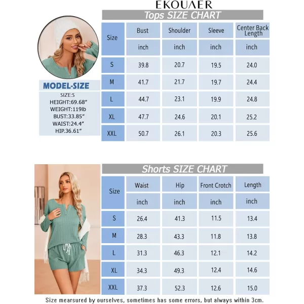 Ekouaer 2 Piece Pajamas Sets Women Ribbed Knit Cozy Long Sleeve Sleepwear Shorts Lounge Set with PocketsZlong Sleevedeep Blue