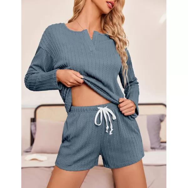 Ekouaer 2 Piece Pajamas Sets Women Ribbed Knit Cozy Long Sleeve Sleepwear Shorts Lounge Set with PocketsZlong Sleevedeep Blue