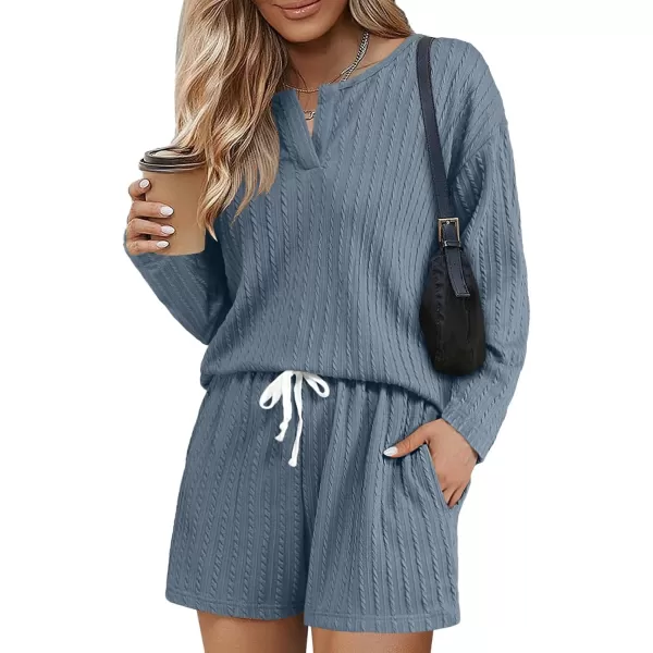 Ekouaer 2 Piece Pajamas Sets Women Ribbed Knit Cozy Long Sleeve Sleepwear Shorts Lounge Set with PocketsZlong Sleevedeep Blue