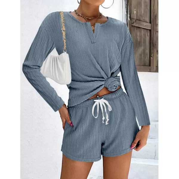 Ekouaer 2 Piece Pajamas Sets Women Ribbed Knit Cozy Long Sleeve Sleepwear Shorts Lounge Set with PocketsZlong Sleevedeep Blue