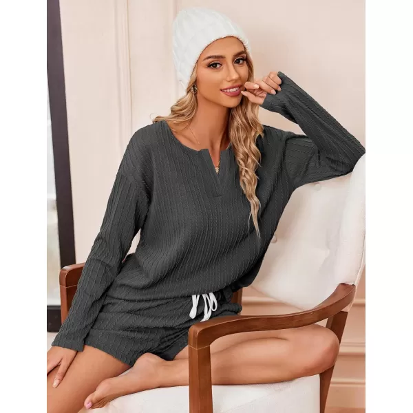 Ekouaer 2 Piece Pajamas Sets Women Ribbed Knit Cozy Long Sleeve Sleepwear Shorts Lounge Set with PocketsZlong Sleevedeep Grey