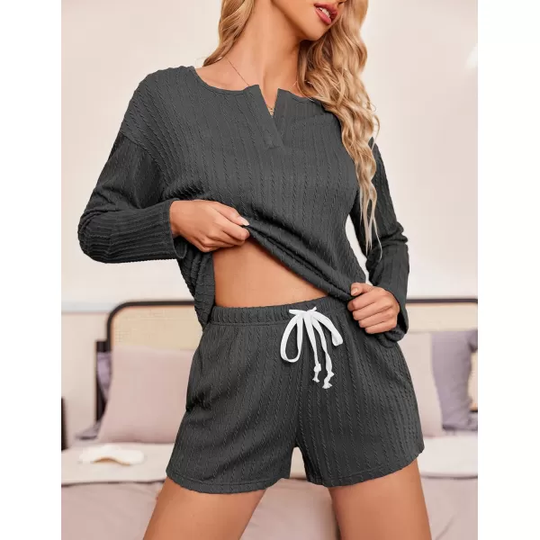 Ekouaer 2 Piece Pajamas Sets Women Ribbed Knit Cozy Long Sleeve Sleepwear Shorts Lounge Set with PocketsZlong Sleevedeep Grey