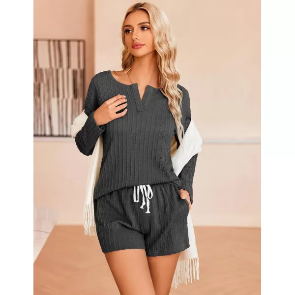 Ekouaer 2 Piece Pajamas Sets Women Ribbed Knit Cozy Long Sleeve Sleepwear Shorts Lounge Set with PocketsZlong Sleevedeep Grey