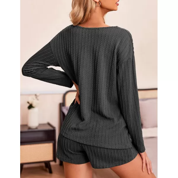 Ekouaer 2 Piece Pajamas Sets Women Ribbed Knit Cozy Long Sleeve Sleepwear Shorts Lounge Set with PocketsZlong Sleevedeep Grey