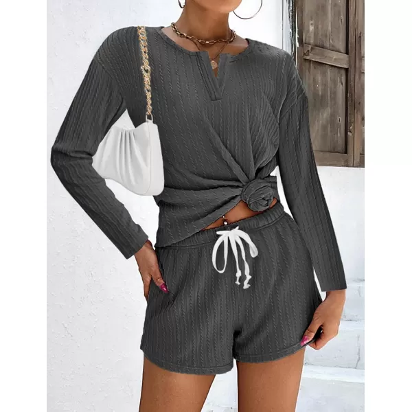 Ekouaer 2 Piece Pajamas Sets Women Ribbed Knit Cozy Long Sleeve Sleepwear Shorts Lounge Set with PocketsZlong Sleevedeep Grey