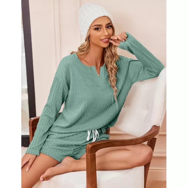 Ekouaer 2 Piece Pajamas Sets Women Ribbed Knit Cozy Long Sleeve Sleepwear Shorts Lounge Set with PocketsZlong Sleevegreen