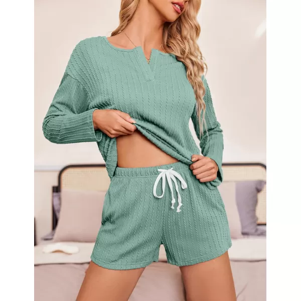 Ekouaer 2 Piece Pajamas Sets Women Ribbed Knit Cozy Long Sleeve Sleepwear Shorts Lounge Set with PocketsZlong Sleevegreen