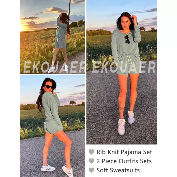 Ekouaer 2 Piece Pajamas Sets Women Ribbed Knit Cozy Long Sleeve Sleepwear Shorts Lounge Set with PocketsZlong Sleevegreen