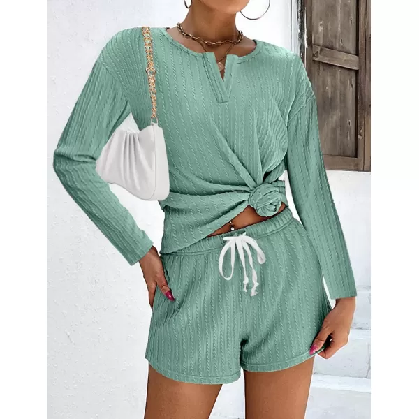 Ekouaer 2 Piece Pajamas Sets Women Ribbed Knit Cozy Long Sleeve Sleepwear Shorts Lounge Set with PocketsZlong Sleevegreen