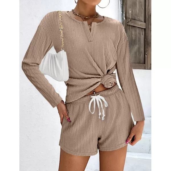 Ekouaer 2 Piece Pajamas Sets Women Ribbed Knit Cozy Long Sleeve Sleepwear Shorts Lounge Set with PocketsZlong Sleevekhaki