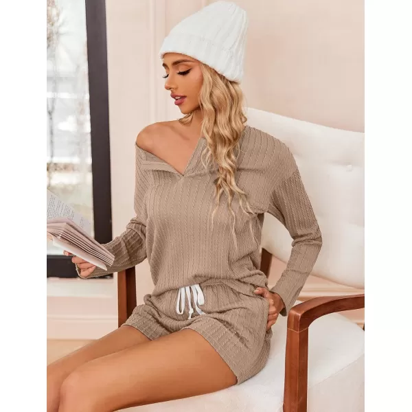 Ekouaer 2 Piece Pajamas Sets Women Ribbed Knit Cozy Long Sleeve Sleepwear Shorts Lounge Set with PocketsZlong Sleevekhaki