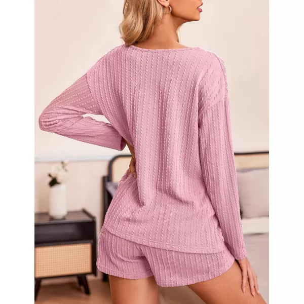 Ekouaer 2 Piece Pajamas Sets Women Ribbed Knit Cozy Long Sleeve Sleepwear Shorts Lounge Set with PocketsZlong Sleevepink