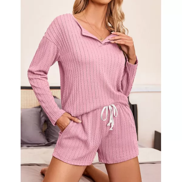 Ekouaer 2 Piece Pajamas Sets Women Ribbed Knit Cozy Long Sleeve Sleepwear Shorts Lounge Set with PocketsZlong Sleevepink