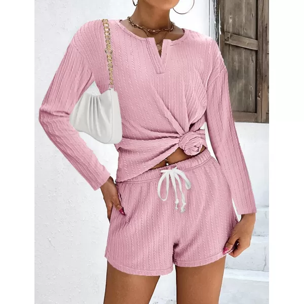 Ekouaer 2 Piece Pajamas Sets Women Ribbed Knit Cozy Long Sleeve Sleepwear Shorts Lounge Set with PocketsZlong Sleevepink